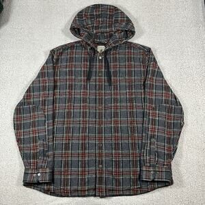 LL Bean Flannel Mens XL Gray Hooded Scotch Plaid Shirt Slightly Fitted Shacket